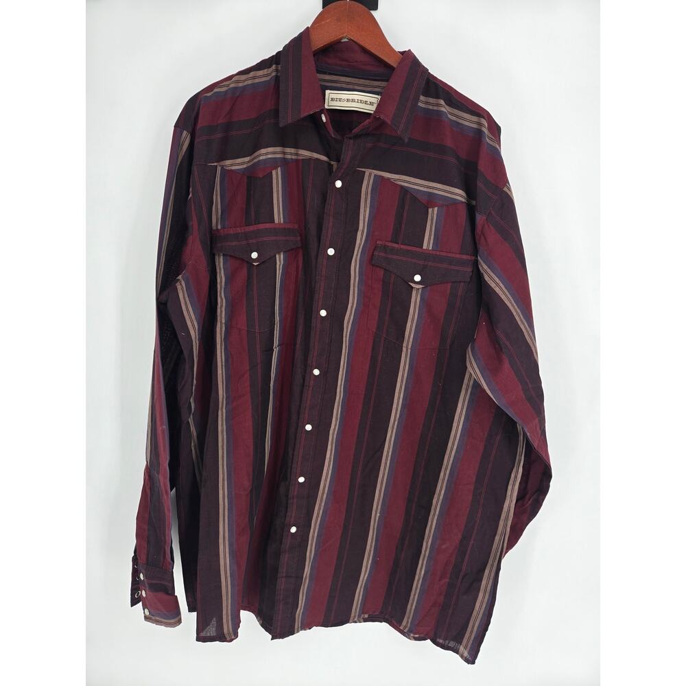 Bit & Bridle Maroon Tan striped Western Pearl Snap front shirt Men's 2XLT